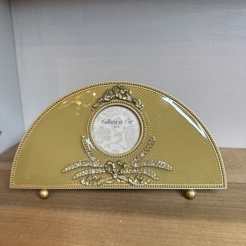 Colette et Cie Frame Gold Enamel Rhinestone Picture Frame Floral Bow 2" Opening